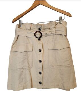 Banana Republic Tan Button-Front Mini Skirt with  Tortise Shell Belt Sz 12 Linen